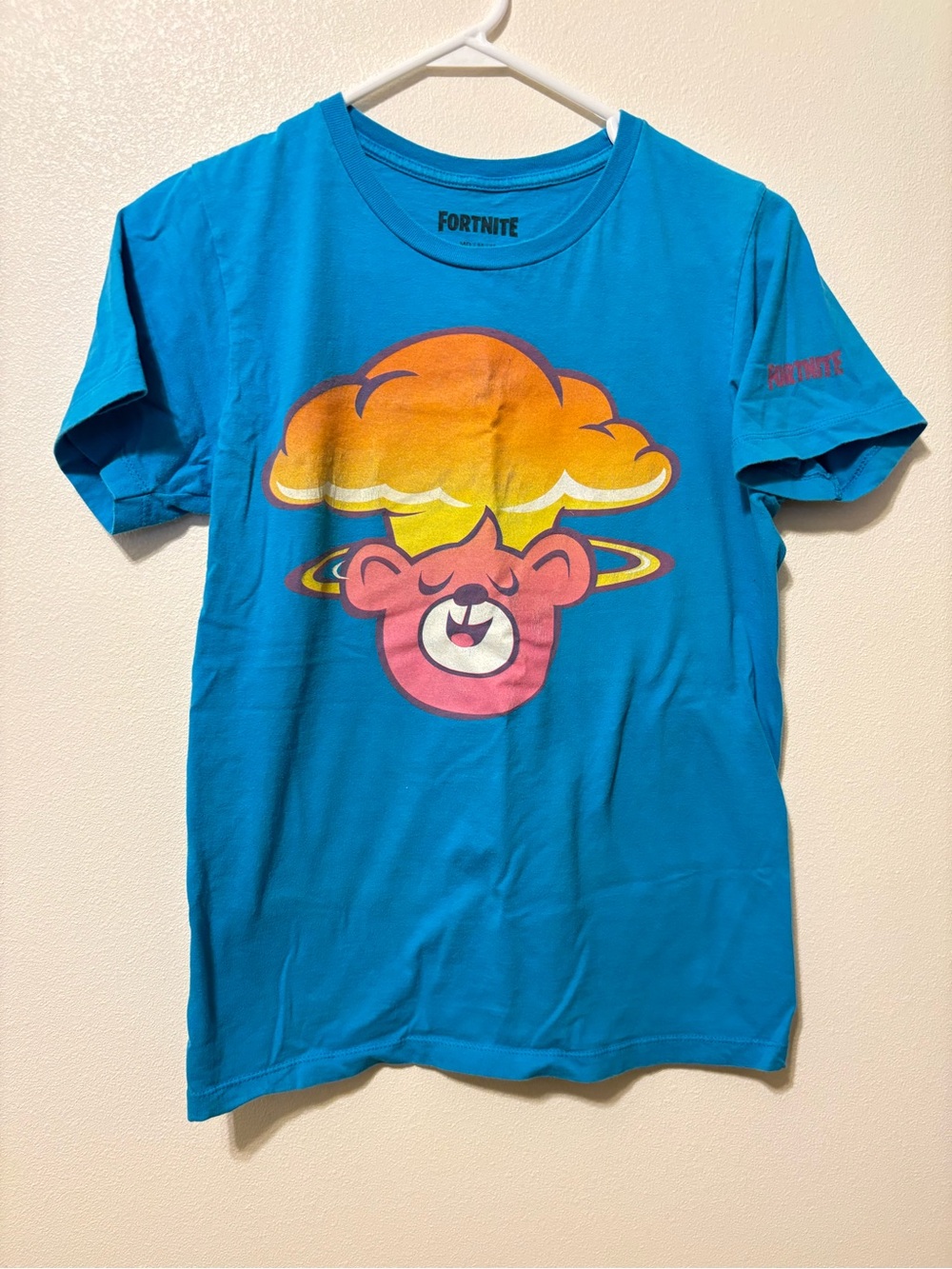 Fortnite Blue Tee with Orange Cloud & Pink Bear Graphic